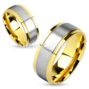 Step Edge and Soft Brushed Metal Center Flat Band Gold IP Stainless Steel Couple Ring