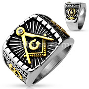 IP Gold And Steel 2-Tone Sqaure Face Masonic Stainless Steel Casting Ring