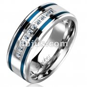 10 Lined CNC Machine Set CZ with 2 Blue IP Grooved Stripes Stainless Steel Ring