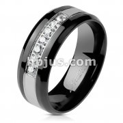 7 CZ Lined CNC Machine Set Black PVD Plated Grooved Steel Centered Stainless Steel Ring