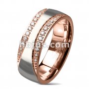 CNC Machine Set CZ PavedCurved Edges Center Glossy Steel and Rose Gold Two Tone Stainless Steel Dome Rings