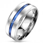 Blue IP Grooved Centered Line Stainless Steel Ring