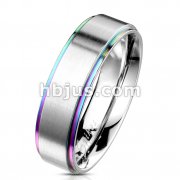 Rainbow IP Stepped Edges with Brushed Finish Center 316L Stainless Steel Classic Band Rings