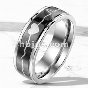 Heart Beat Line on Black Background Stainless Steel Ring