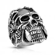 Rose Decorated Steel Claws Grasping Black Skull Stainless Steel Casting Rings