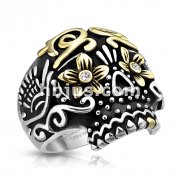 Day of the Dead Sugar Skull with Gold PVD Plated Floral Eyes Stainless Steel Casting Rings