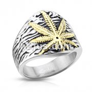 Gold IP Cannabis Leaf Center Textured Stainless Steel Casting Rings