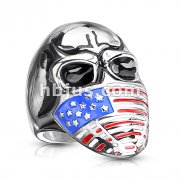 Skull with US Flag Face Mask Stainless Steel Ring
