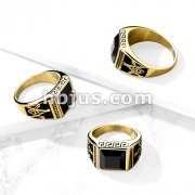 Faceted Square Onyx Stone with Masonic Emblem Sides Gold PVD Stainless Steel Ring