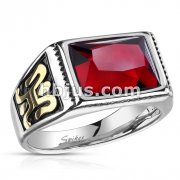 Faceted Rectangular Red Stone with Gold Sides Stainless Steel Ring