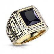 Faceted Square Onyx Stone Surrounded by Rope Gold PVD Stainless Steel Ring