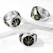 Gold Pot Leaf on Black Circle Stainless Steel Ring