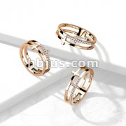 CZ Double Sideways Split Cross Rose Gold Stainless Steel Ring