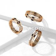 Triple Line Middle Pave CZ Slant Rose Gold PVD Stainless Steel Ring