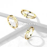 H Center with Double CZ Line Gold Stainless Steel Ring