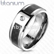 Black Carbon Fiber Inlay CZ Center Band Ring Solid Titanium 