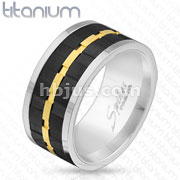 Black & Gold Gear Center Spinner Solid Titanium Ring