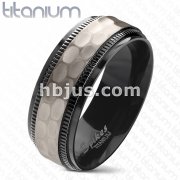 Hammered Centered Black PVD Plated Two Tone Chiseled Step Edge Solid Titanium Ring