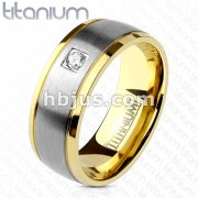 Single CZ Two Tone Gold IP Edge Steel Brushed Finished Center Solid Titanium Ring