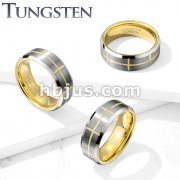 Brushed Center Gold Cross Grooved Beveled Edges Tungsten Carbide Rings