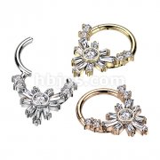 High Quality Precision 316L Surgical Steel Hinged Segment Ring With Baguette CZ Flower and 2 Round CZ on Each Side