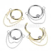 High Quality Precision All 316L Surgical Steel Hinged Segment Ring With Bezel Set CZ Center and Double Chain Dangle