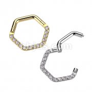 High Quality Precision All 316L Surgical Steel Hinged Hexagon Segment Ring With Forward Facing CNC Set CZ 