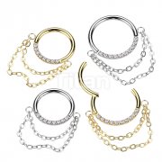Implant Grade Titanium Hinged Segment Hoop Ring With Forward Facing CNC Set CZ and Double Chain Link Dangle
