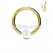 Gold IP Plated 316L Surgical Steel White Opal Ball Fixed On End Hoop Rings