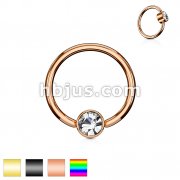 Crystal Set Round Flat Cylinder Captive Rings IP Over 316L Surgical Steel
