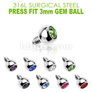 Press Fit Gem/3mm for Internally Threaded Dermal Anchors 316L Internally Threaded Surgical Steel .  Fits into our Dermal Anchors