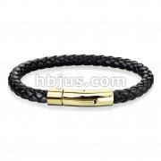 Black Bolo Braided Cord with Gold IP Catch Lock Stainless Steel Clasp Leather Bracelet