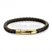 Brown Bolo Braided Cord with Gold IP Catch Lock Stainless Steel Clasp Leather Bracelet