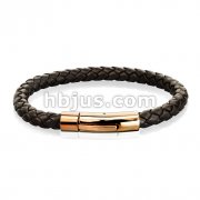 Brown Bolo Braided Cord with Rose Gold IP Catch Lock Stainless Steel Clasp Leather Bracelet