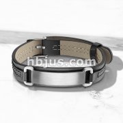 Plain Brushed Finish ID Engraving Plate Black Leather Bracelet with Buckle Style Closing