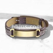 Gold IP Brushed Finish ID Engraving Plate Tan Leather Bracelet with Buckle Style Closing