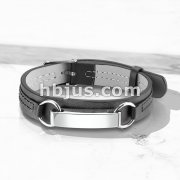 Mirror Polished ID Plate Black Leather Bracelet with Buckle Style Closing