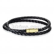 Double Wrap Black Bolo Braided Cord with Gold IP Magnetic Stainless Steel Clasp Leather Bracelet