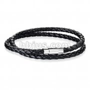 Double Wrap Black Bolo Braided Cord with Magnetic Stainless Steel Clasp Leather Bracelet
