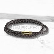 Double Wrap Dark Brown Bolo Braided Cord with Gold IP Magnetic Stainless Steel Clasp Leather Bracelet