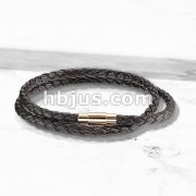Double Wrap Dark Brown Bolo Braided Cord with Rose IP Magnetic Stainless Steel Clasp Leather Bracelet