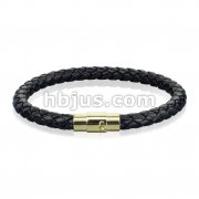 Black Bolo Braided Cord with Gold IP Magnetic Stainless Steel Clasp Leather Bracelet