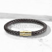 Dark Brown Bolo Braided Cord with Gold IP Magnetic Stainless Steel Clasp Leather Bracelet