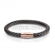 Dark Brown Bolo Braided Cord with Rose Gold IP Magnetic Stainless Steel Clasp Leather Bracelet