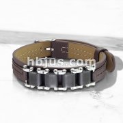 Black Bicycle Chain on Tan Leather Bracelet with Buckle Style Closing