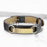 Gold IP Lord Prayer Plate Black Leather Bracelet with Buckle Style Closing