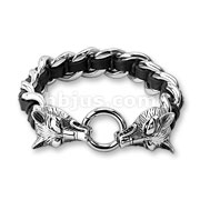 Stainless Steel Casted Wolves Two Tone Leather and Stainless Steel Bracelets