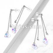 Pair of 316L Surgical Steel Earrings with Double Chain and Multi-Faceted Iridescent Charm
