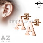 Pair of Rose Gold IP Alphabet Initial 316L Stainless Steel Earring Studs