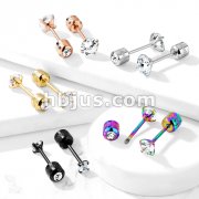 Pair of Prong Set Round Clear CZ Gem Top 316L Surgical Steel Externally Threaded Labret, Earring Studs with CZ centered Screw Back 